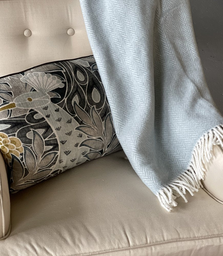 70" X 55" Sky Blue And White Cotton Blend Woven Herringbone Plush Throw Blanket with Tassels HomeRoots