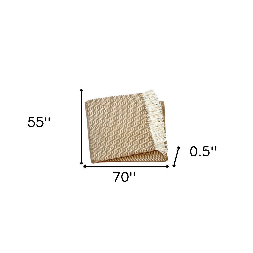 70" X 55" Copper And White Cotton Blend Woven Herringbone Plush Throw Blanket with Tassels HomeRoots