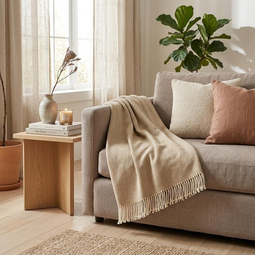 70" X 55" Copper And White Cotton Blend Woven Herringbone Plush Throw Blanket with Tassels — view 5