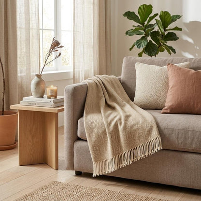 70" X 55" Copper And White Cotton Blend Woven Herringbone Plush Throw Blanket with Tassels HomeRoots