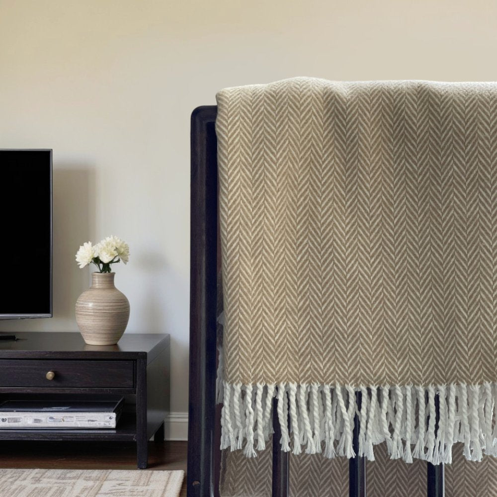 70" X 55" Copper And White Cotton Blend Woven Herringbone Plush Throw Blanket with Tassels HomeRoots