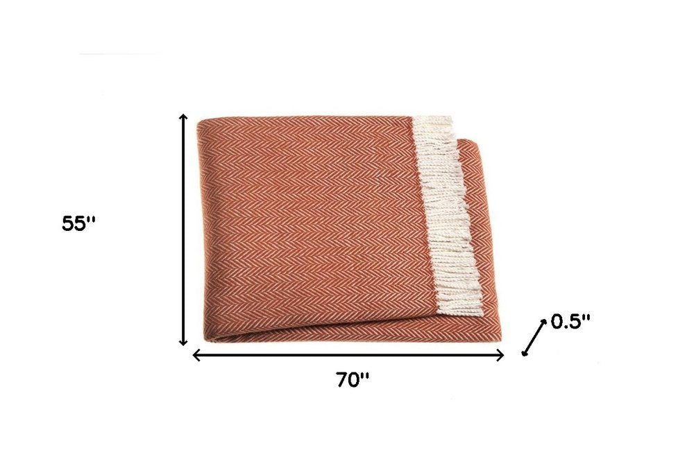 70" X 55" Orange And White Cotton Blend Woven Herringbone Plush Throw Blanket with Tassels — view 7