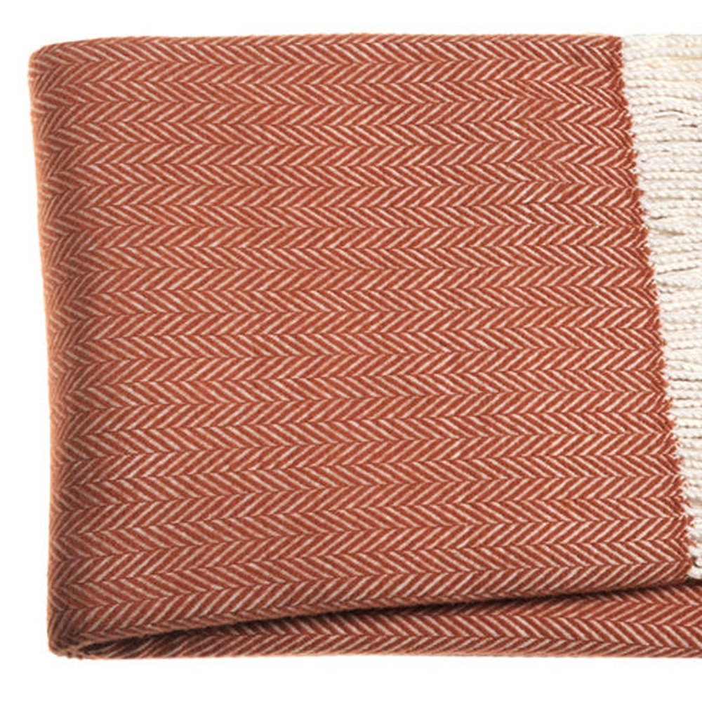 70" X 55" Orange And White Cotton Blend Woven Herringbone Plush Throw Blanket with Tassels — view 3