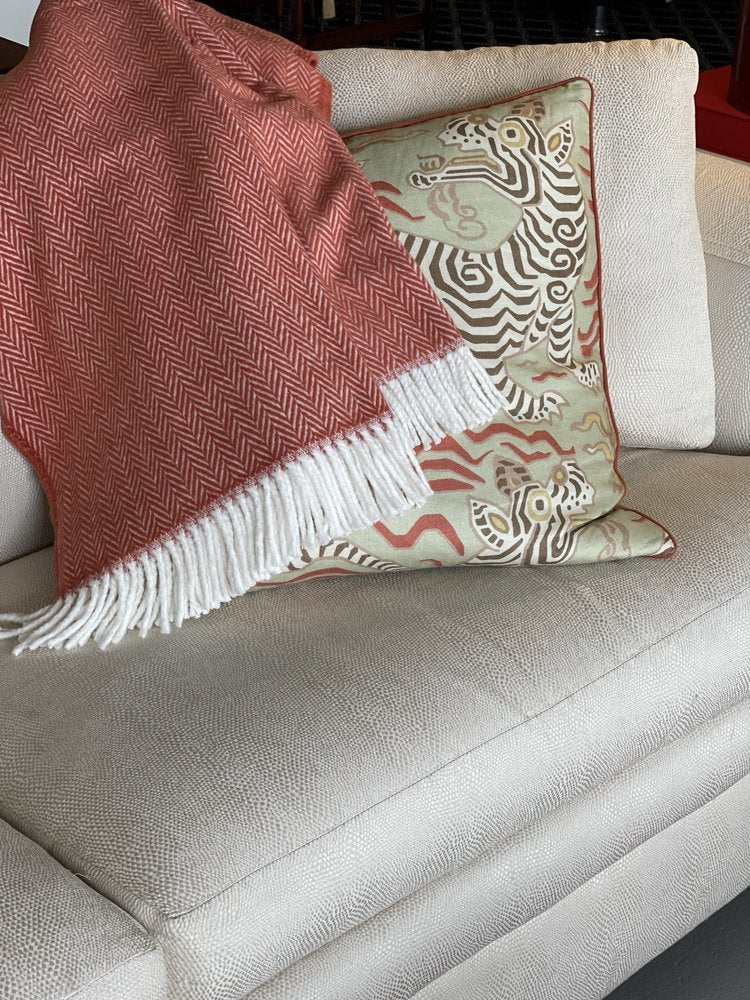 70" X 55" Orange And White Cotton Blend Woven Herringbone Plush Throw Blanket with Tassels HomeRoots