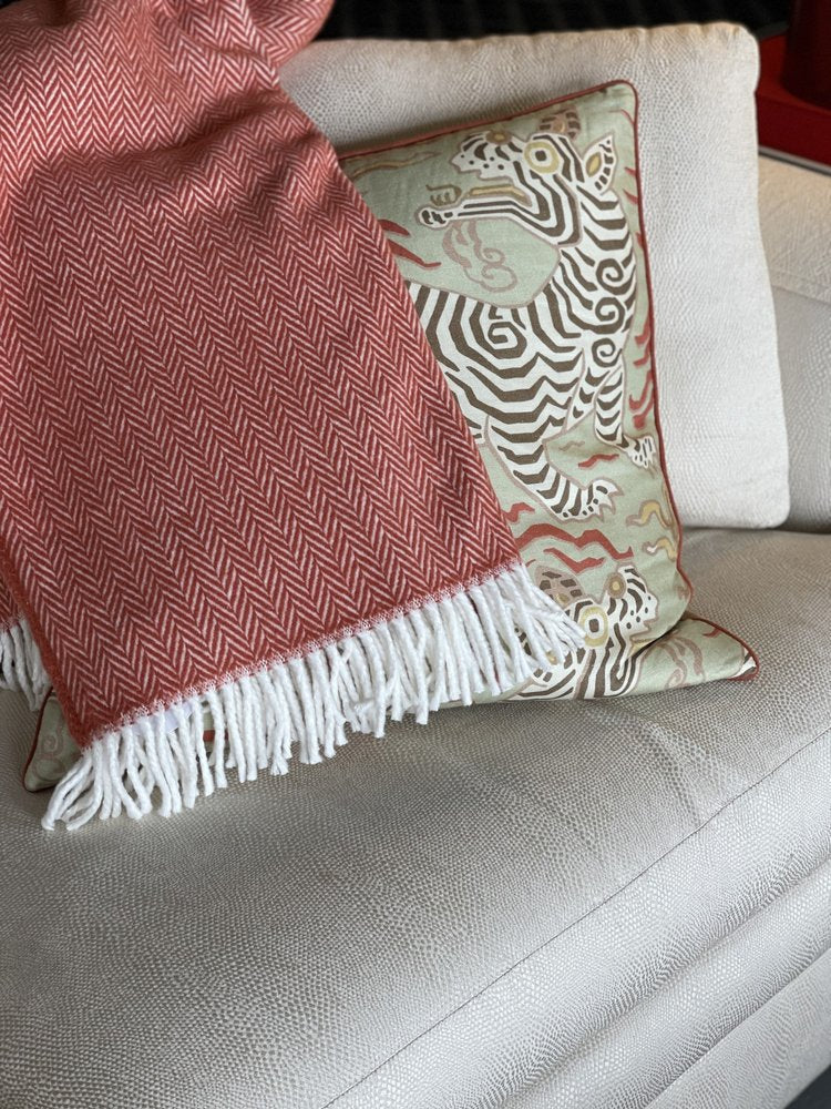 70" X 55" Orange And White Cotton Blend Woven Herringbone Plush Throw Blanket with Tassels HomeRoots