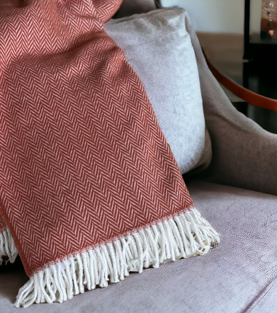 70" X 55" Orange And White Cotton Blend Woven Herringbone Plush Throw Blanket with Tassels HomeRoots