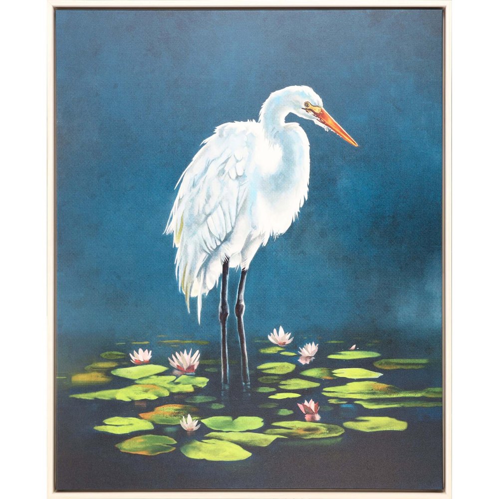 Egret in Lily Pads Canvas Silver Floater Frame Print Wall Art