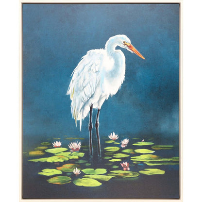 Egret in Lily Pads Canvas Silver Floater Frame Print Wall Art