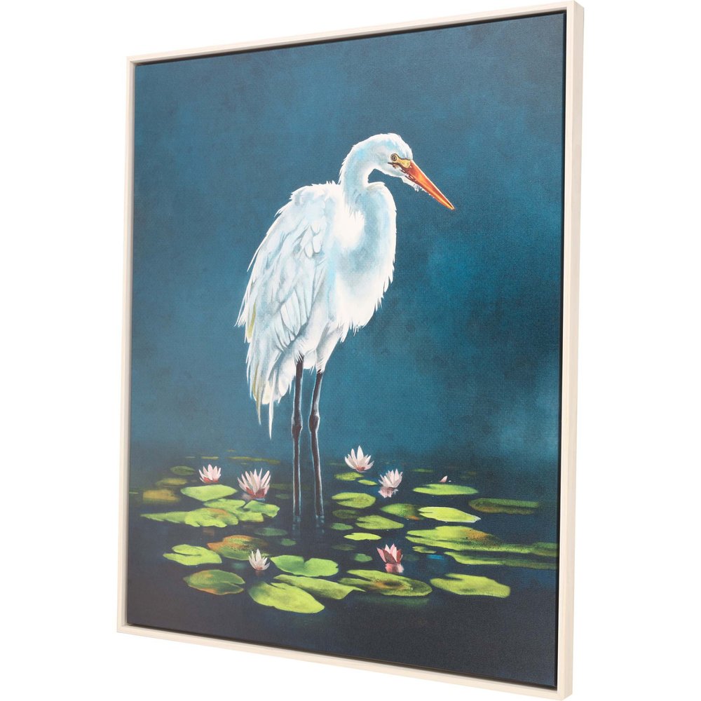 Egret in Lily Pads Canvas Silver Floater Frame Print Wall Art