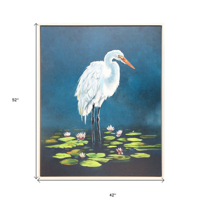 Egret in Lily Pads Canvas Silver Floater Frame Print Wall Art