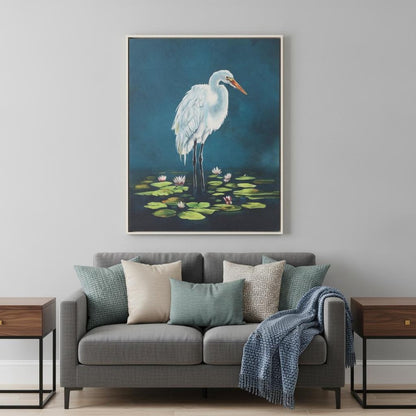 Egret in Lily Pads Canvas Silver Floater Frame Print Wall Art