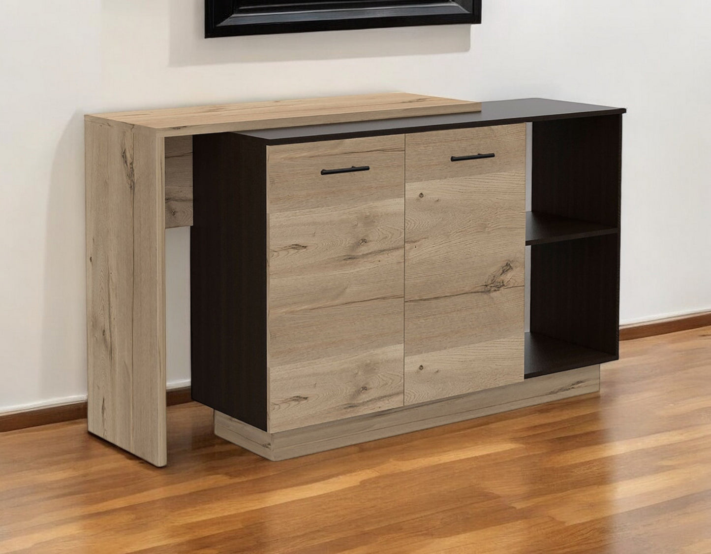 Black and Light Oak Contemporary Kitchen Island with Bar Table