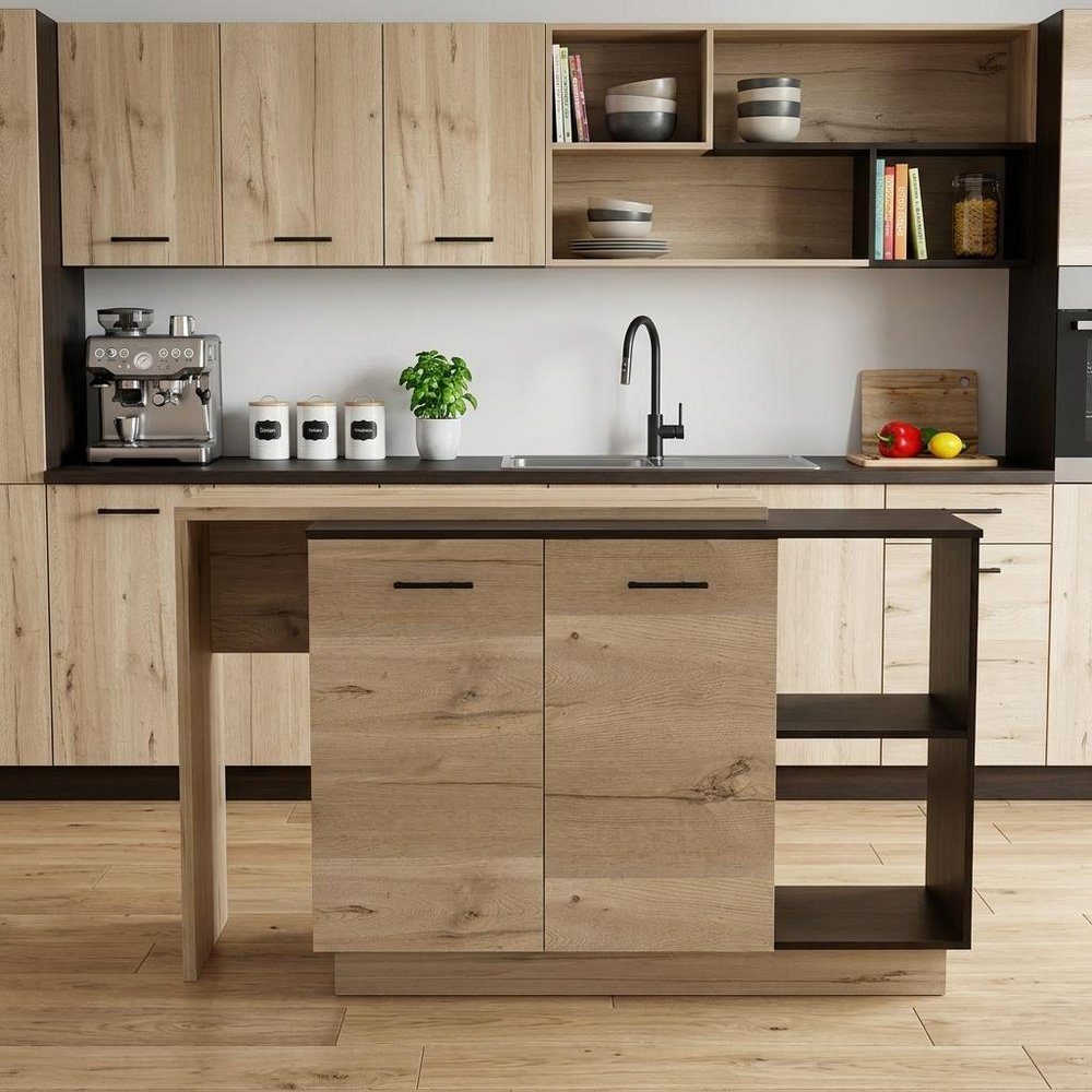 Natural and Natural And Black 59" Kitchen Island With Storage HomeRoots