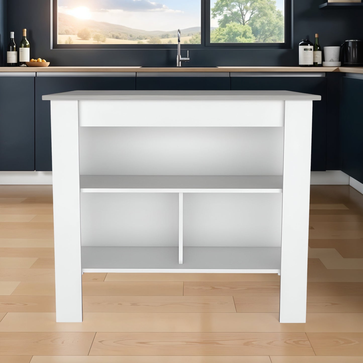 Marble and White Kitchen Island with Three Storage Shelves