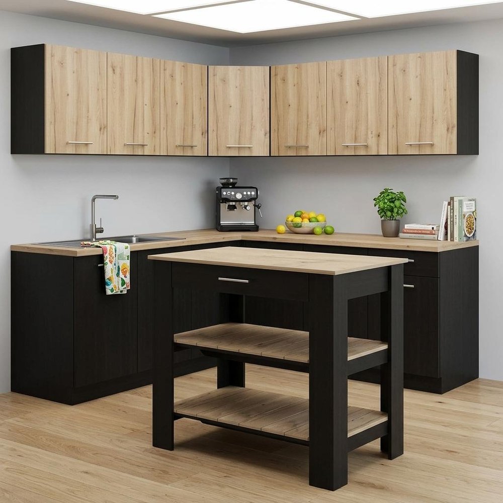 Black and Natural 40" Kitchen Island With Storage HomeRoots