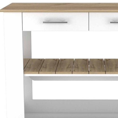 Light Oak and White Kitchen Island with Drawer Shelves and Casters