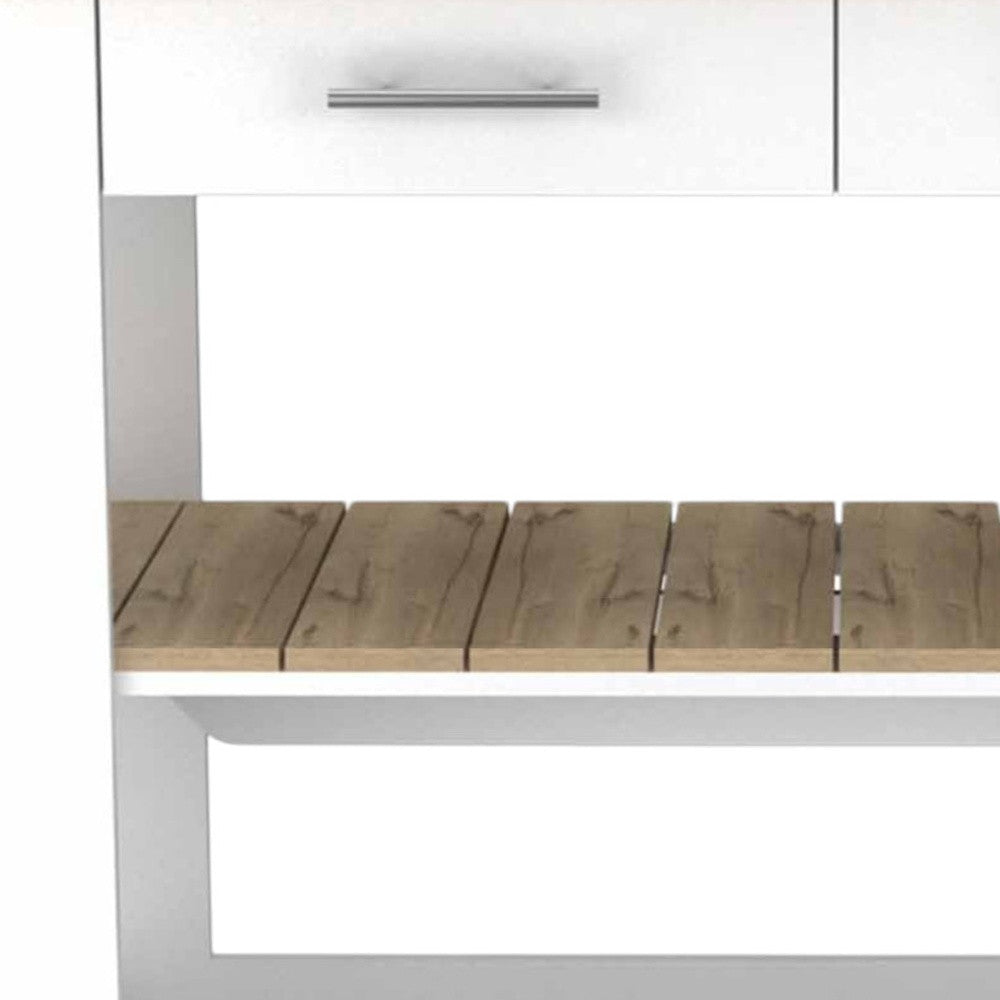 Light Oak and White Kitchen Island with Drawer Shelves and Casters