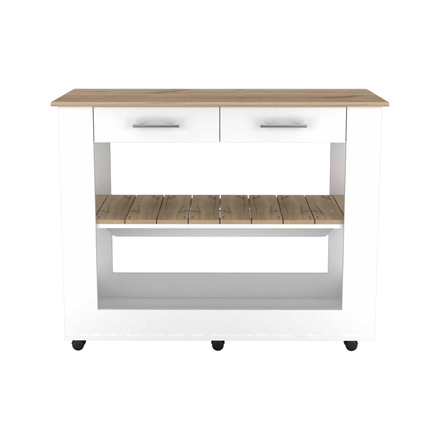 Light Oak and White Kitchen Island with Drawer Shelves and Casters