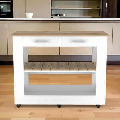 Light Oak and White Kitchen Island with Drawer Shelves and Casters