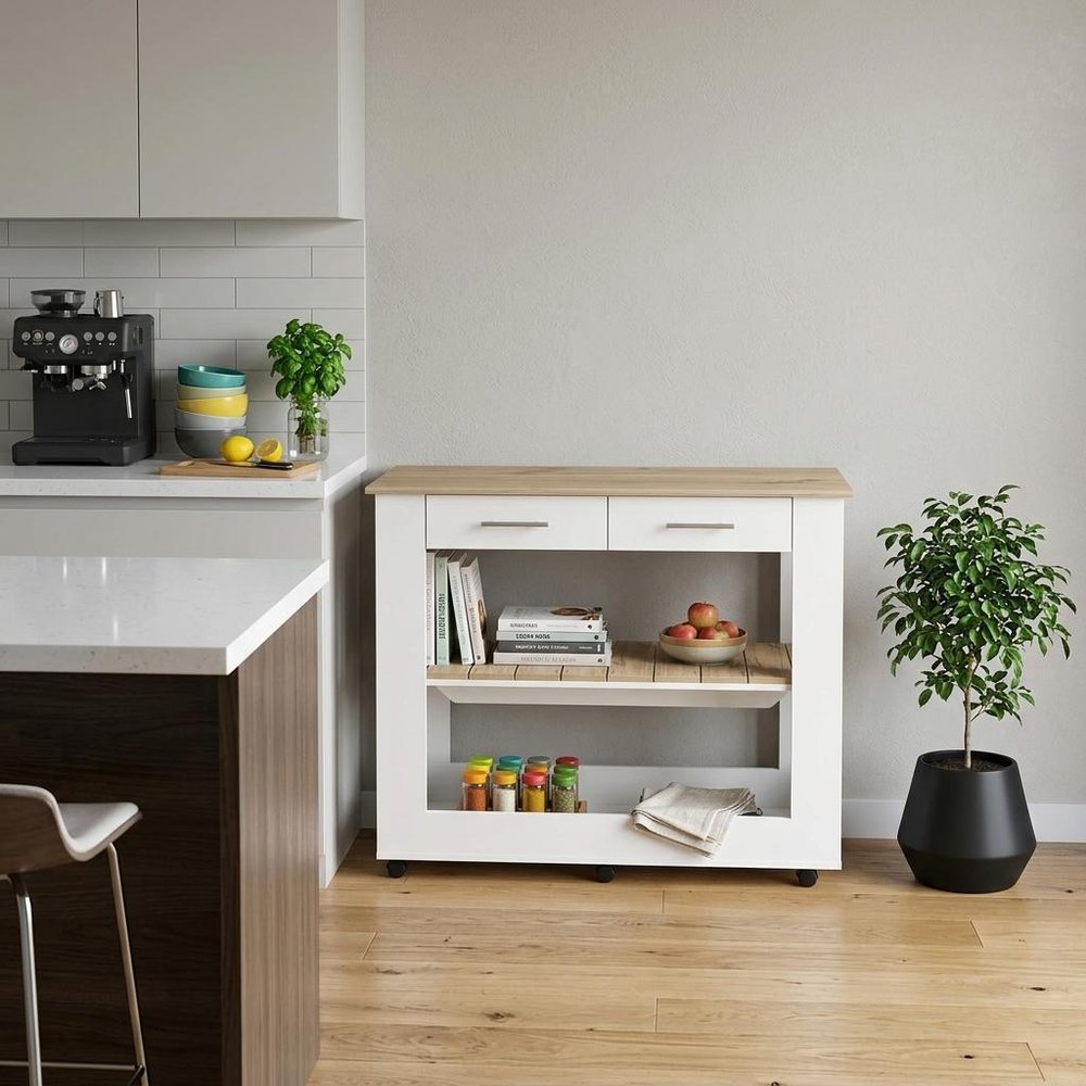 White and Brown 40" Rolling Kitchen Cart With Storage HomeRoots