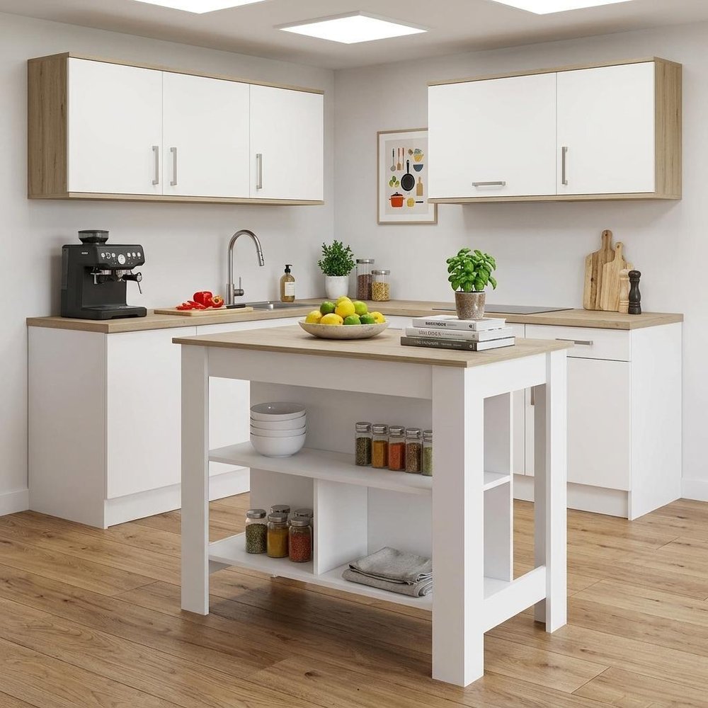 White and Brown 41" Kitchen Island With Storage HomeRoots
