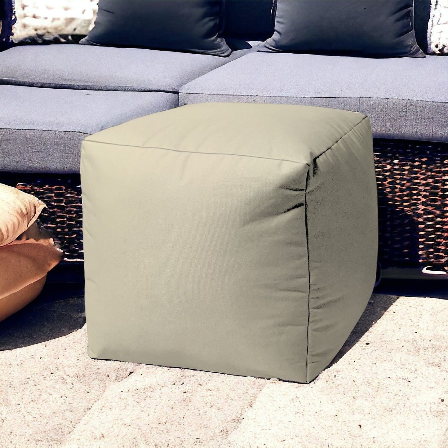 17" Cool Neutral Ivory Solid Color Indoor Outdoor Pouf Ottoman