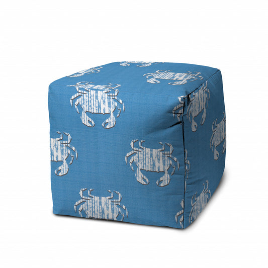 17" Blue and White Polyester Cube Crab Indoor Outdoor Pouf Ottoman