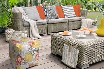 17" Gray and Yellow Polyester Cube Floral Indoor Outdoor Pouf Ottoman