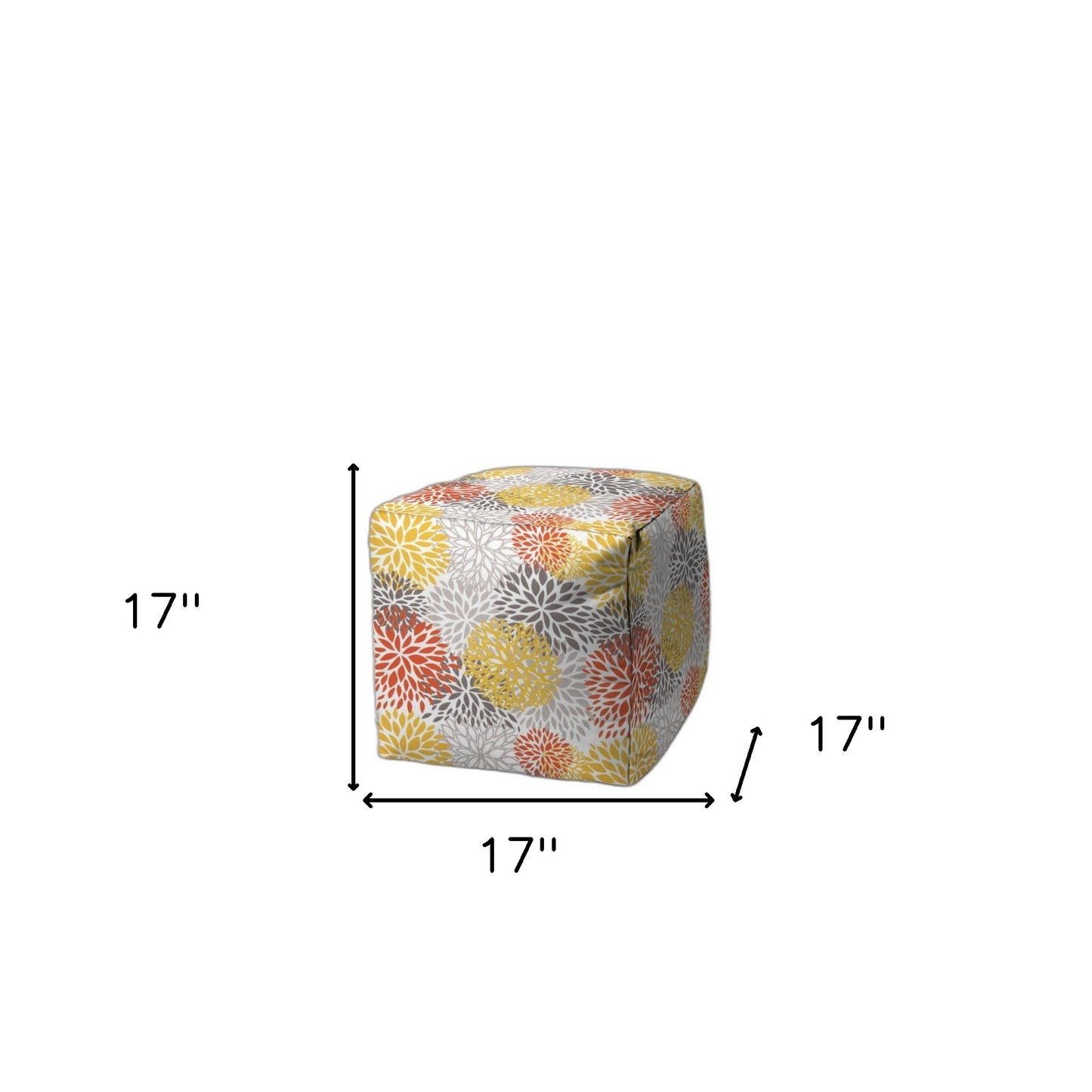 17" Gray and Yellow Polyester Cube Floral Indoor Outdoor Pouf Ottoman