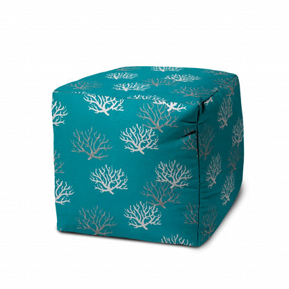 17" Blue and White Polyester Cube Coral Indoor Outdoor Pouf Ottoman