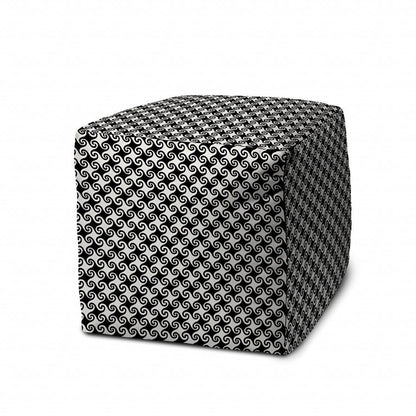 17" Black And White Polyester Cube Geometric Indoor Outdoor Pouf Ottoman - FurniFindUSA