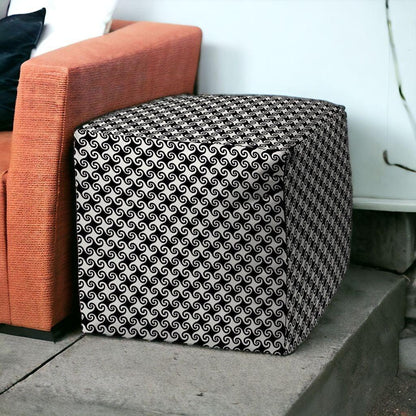 17" Black And White Polyester Cube Geometric Indoor Outdoor Pouf Ottoman - FurniFindUSA