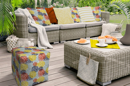 17" Gray and Yellow Polyester Cube Floral Indoor Outdoor Pouf Ottoman