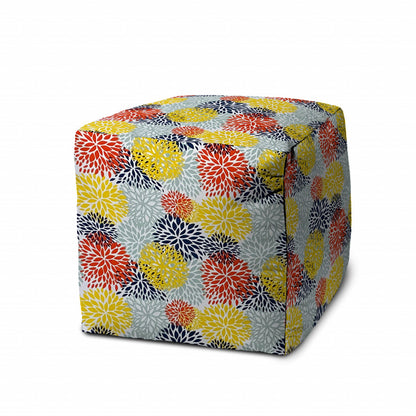 17" Gray and Yellow Polyester Cube Floral Indoor Outdoor Pouf Ottoman