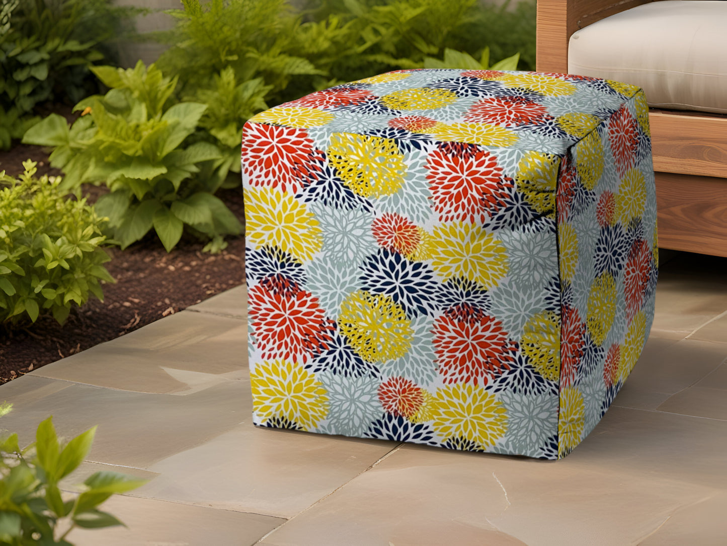 17" Gray and Yellow Polyester Cube Floral Indoor Outdoor Pouf Ottoman