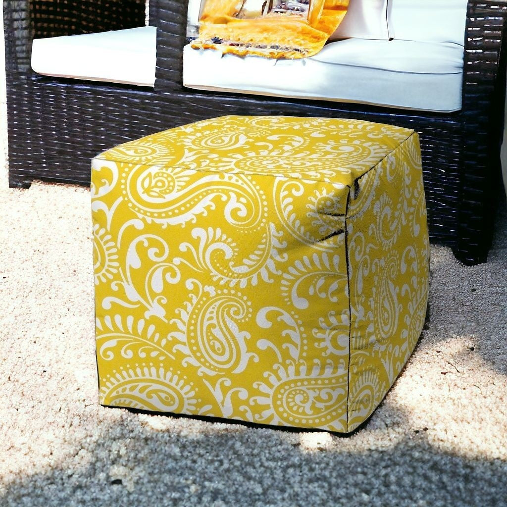 17" Yellow Polyester Cube Paisley Indoor Outdoor Pouf Ottoman