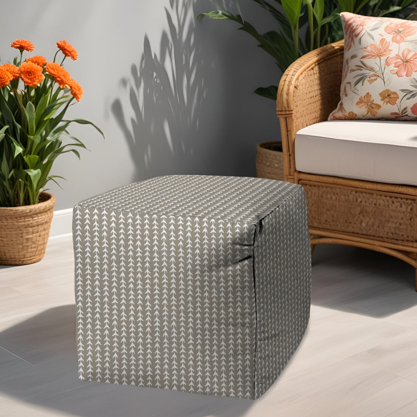 17" Taupe Polyester Cube Geometric Indoor Outdoor Pouf Ottoman