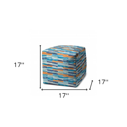17" Blue and Orange Geometric Indoor Outdoor Pouf Ottoman