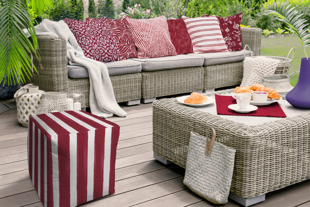 17" Red And White Polyester Cube Striped Indoor Outdoor Pouf Ottoman