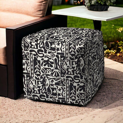 17" Black And White Polyester Cube Geometric Indoor Outdoor Pouf Ottoman - FurniFindUSA