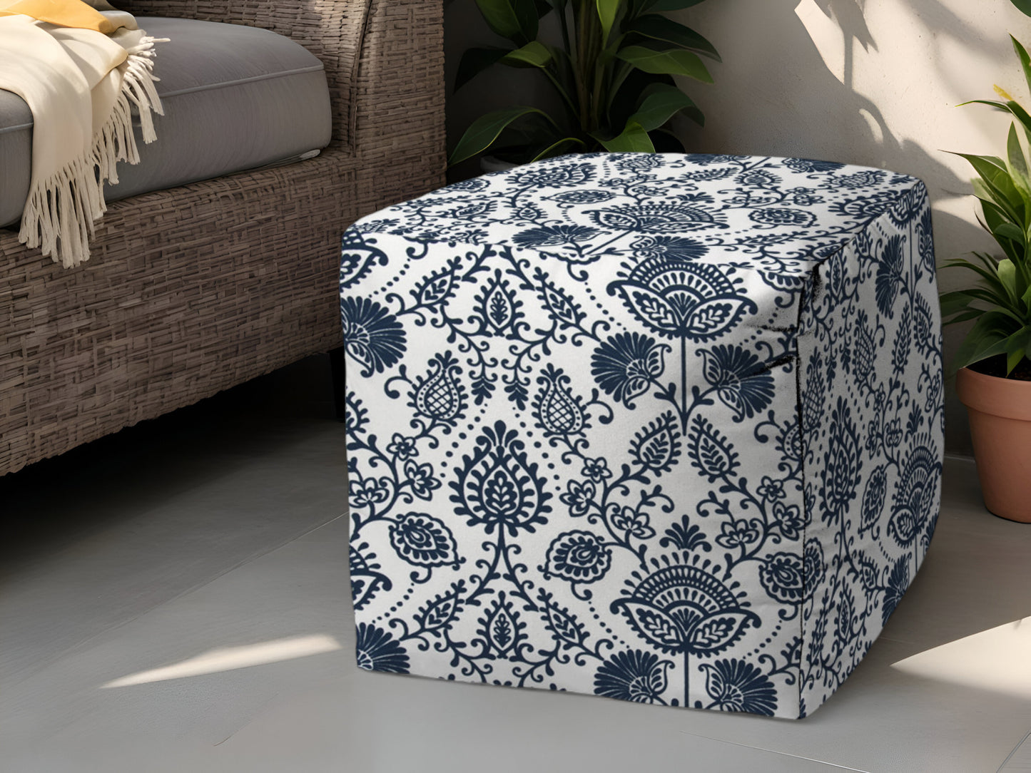 17" Blue Polyester Cube Indoor Outdoor Pouf Ottoman