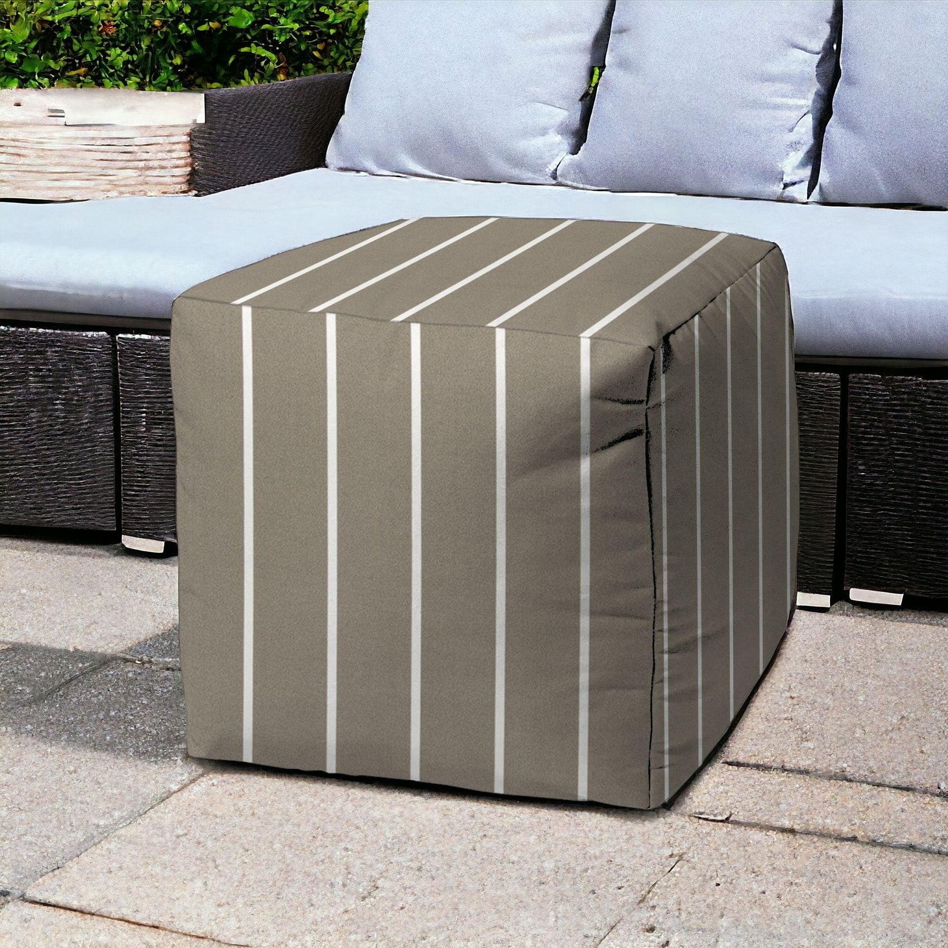 17" Blue Polyester Cube Striped Indoor Outdoor Pouf Ottoman - FurniFindUSA