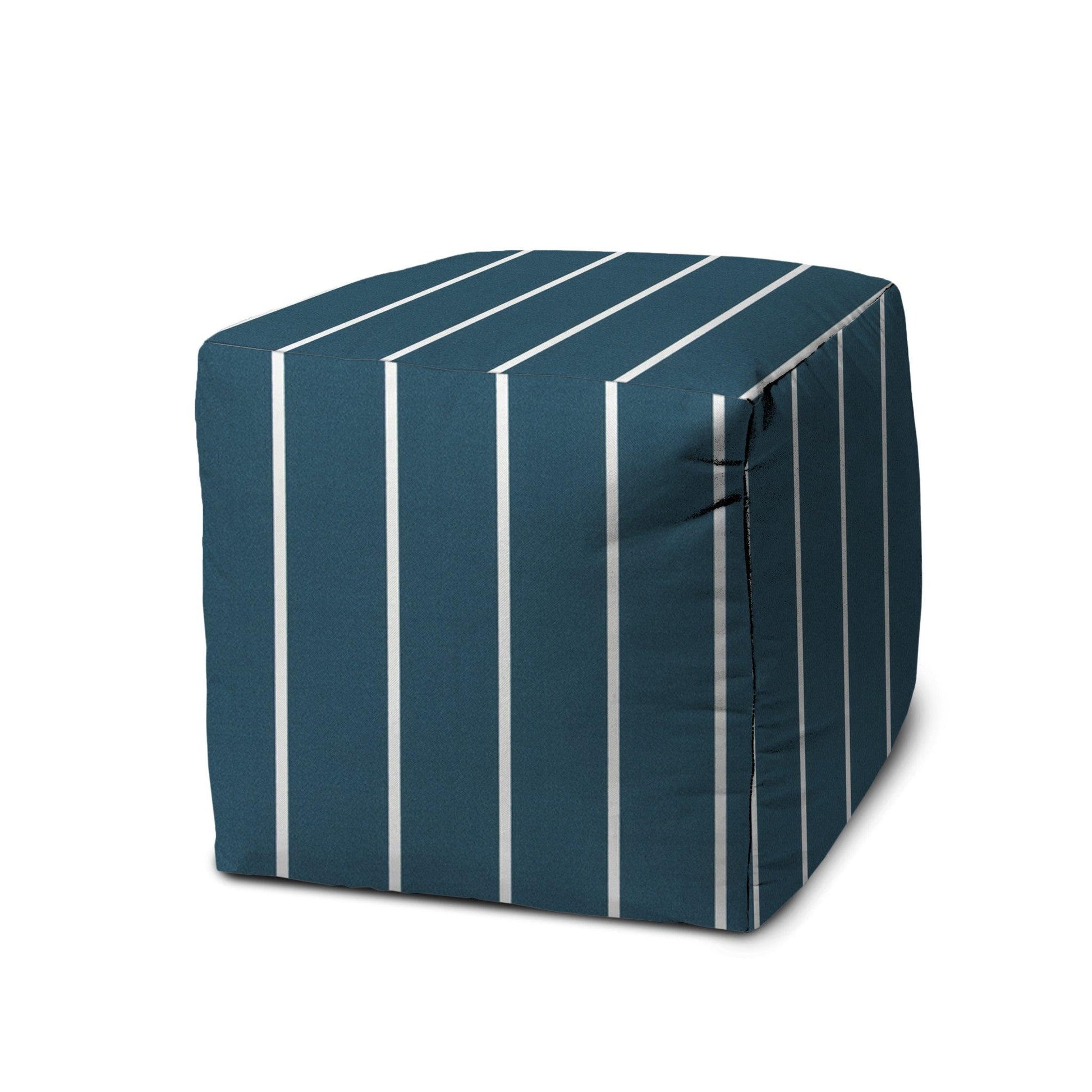 17" Blue Polyester Cube Striped Indoor Outdoor Pouf Ottoman - FurniFindUSA