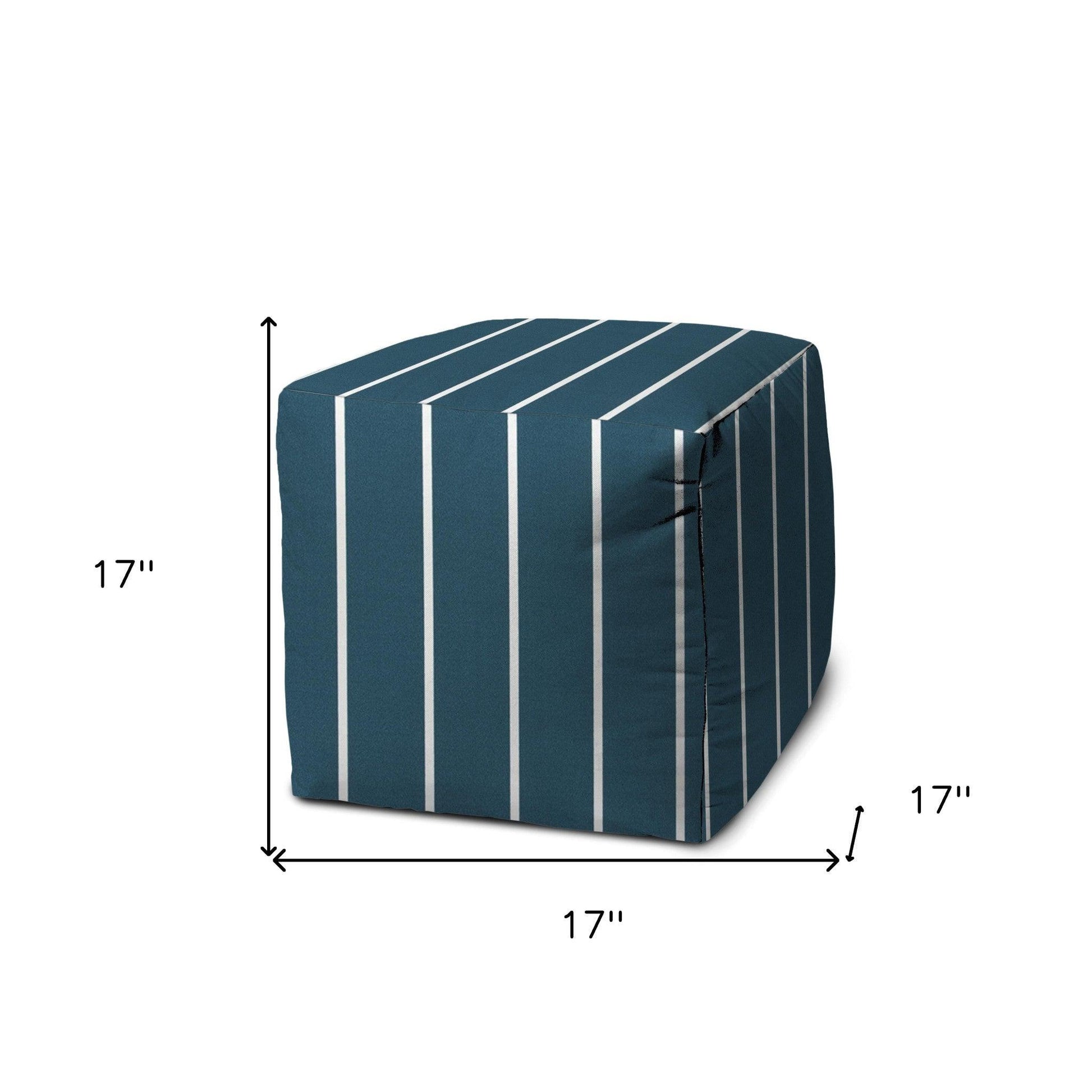 17" Blue Polyester Cube Striped Indoor Outdoor Pouf Ottoman - FurniFindUSA