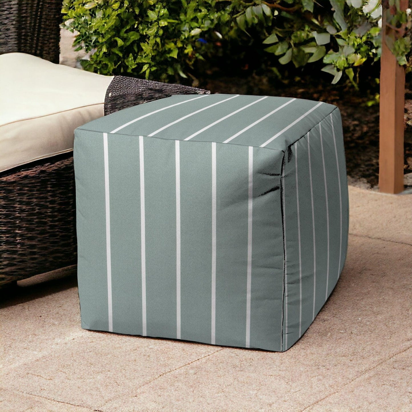 17" Blue Polyester Cube Striped Indoor Outdoor Pouf Ottoman - FurniFindUSA