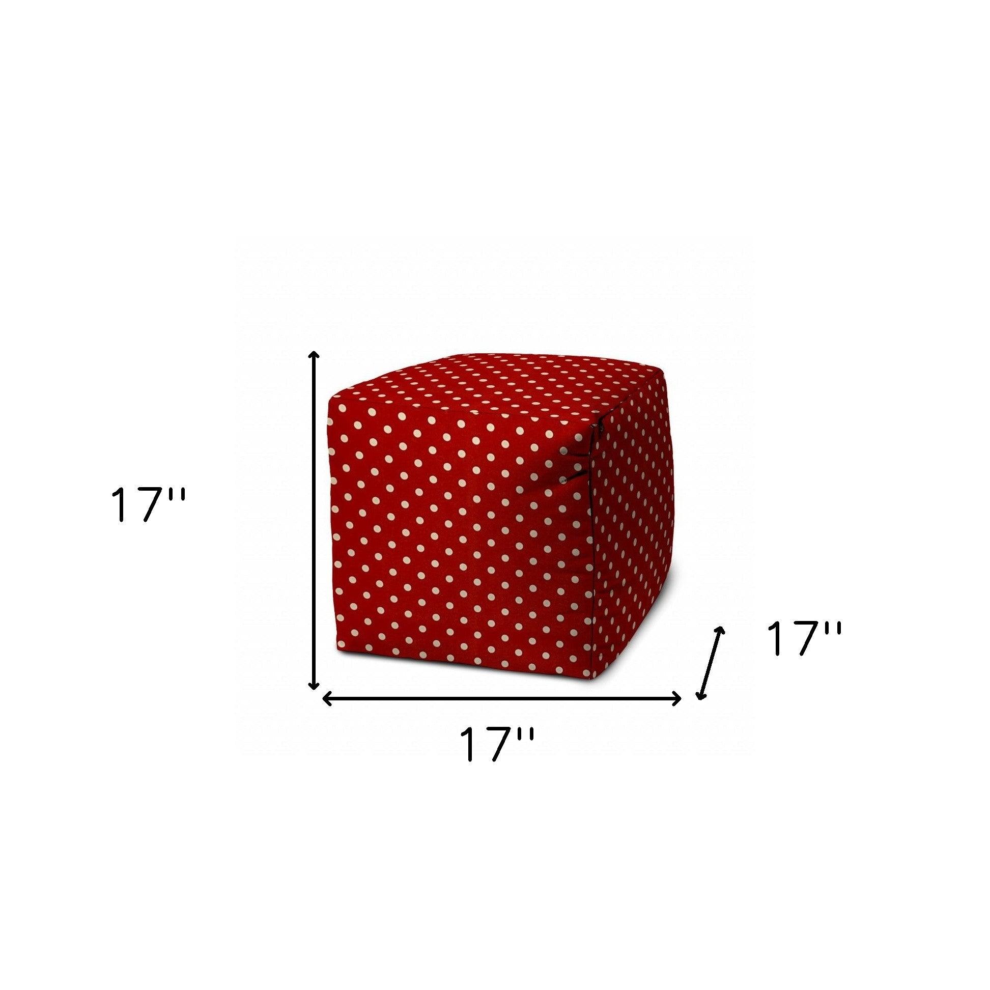 17" Red Polyester Cube Polka Dots Indoor Outdoor Pouf Ottoman - FurniFindUSA