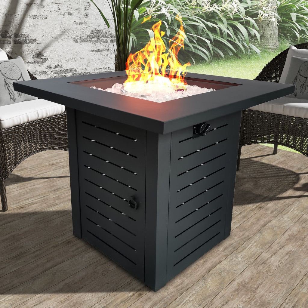 Black Slatted Metal Square Fire Pit with Glass Rocks