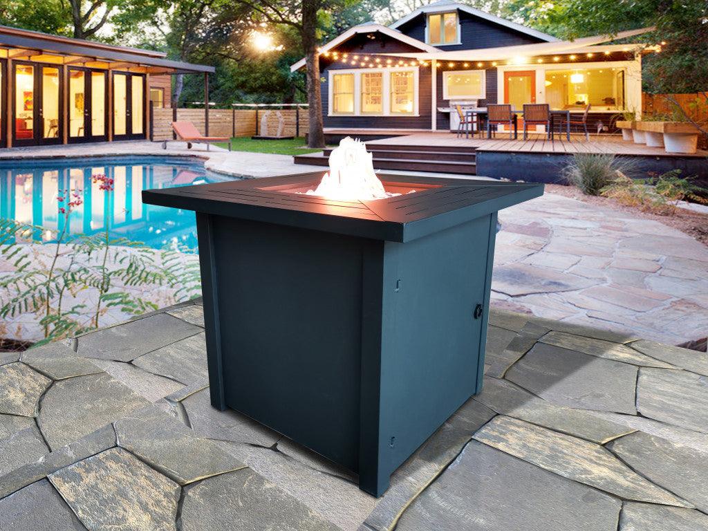 Black Top Slatted Metal Square Fire Pit with Glass Rocks - FurniFindUSA
