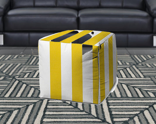 17" Yellow And White Cube Striped Indoor Outdoor Pouf Cover