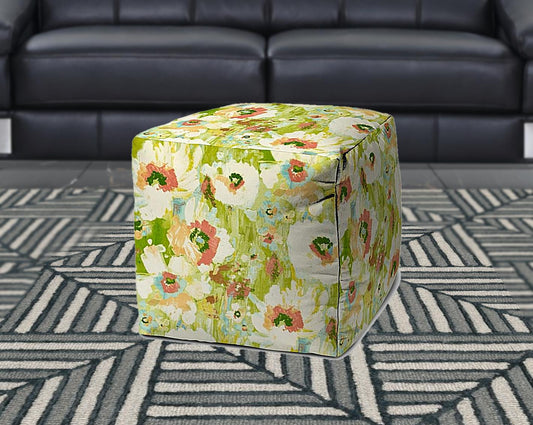 17" Green Cube Floral Indoor Outdoor Pouf Cover